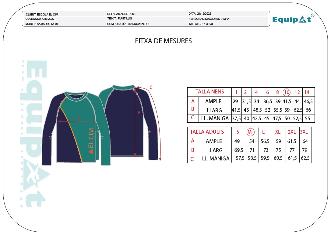 Fitxa de mesures de samarreta maniga llarga