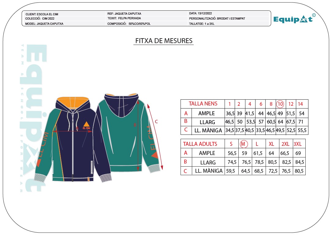 Fitxa de mesures de jaqueta amb caputxa