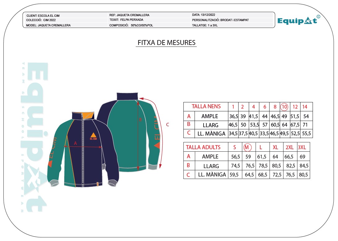 Fitxa de mesures de la jaqueta sense caputxa de la escola el CIM