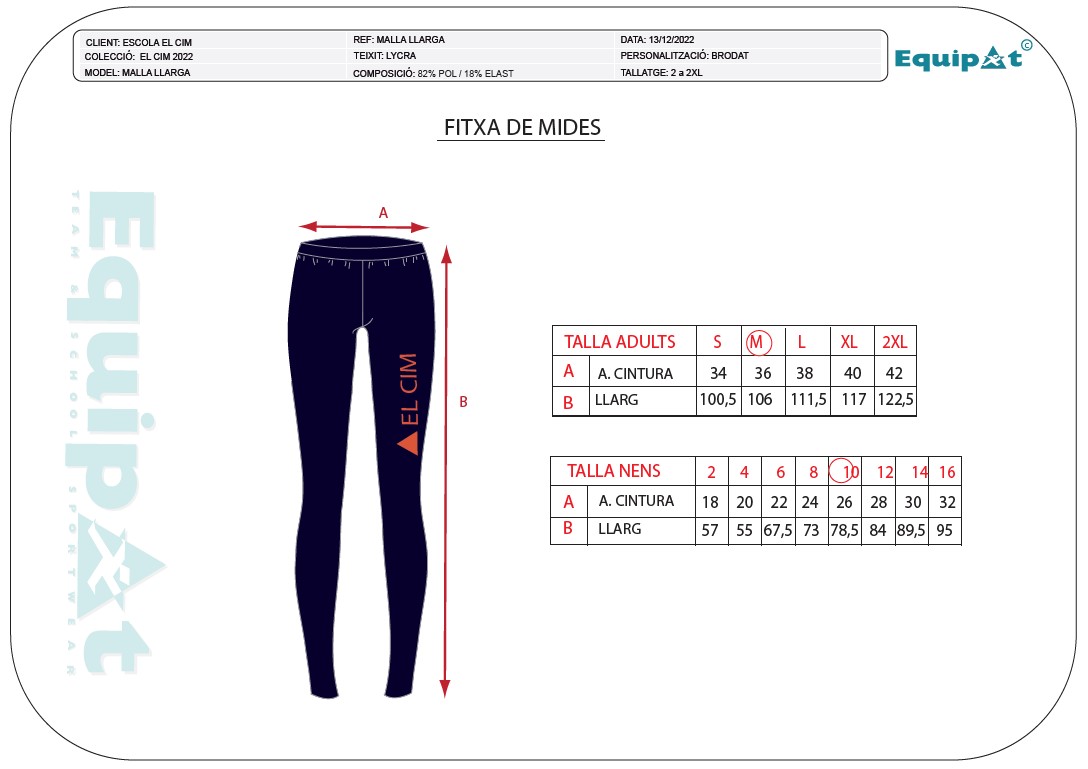 fitxa de mesures de la malla llarga