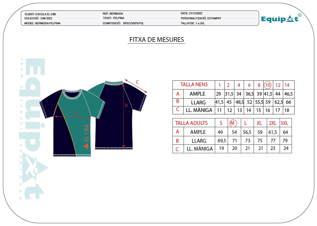 Fitxa de mesures de la samrreta de maniga curta