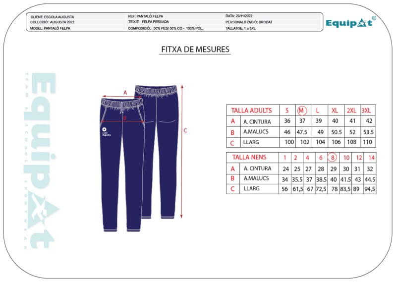 Talles per als pantalons llargs de xandall